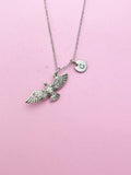 Silver Flying Eagle Charm Necklace, Personalized Initial