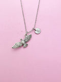 Silver Flying Eagle Charm Necklace, Personalized Initial