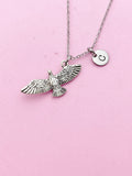 Silver Flying Eagle Charm Necklace, Personalized Initial