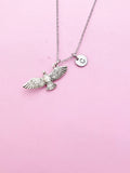 Silver Flying Eagle Charm Necklace, Personalized Initial
