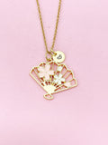 Gold Pink Sakura Folding Fan Charm Necklace, N5646