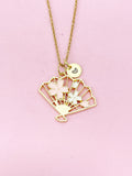 Gold Pink Sakura Folding Fan Charm Necklace, N5646