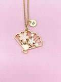 Gold Pink Sakura Folding Fan Charm Necklace, N5646