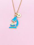 Gold Cute Blue Microscope with Cell Biology Charm Necklace, Bracelet or Keychain Option, Microbiologist Gift, N5647