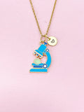 Gold Cute Blue Microscope with Cell Biology Charm Necklace, Bracelet or Keychain Option, Microbiologist Gift, N5647