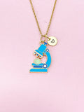 Gold Cute Blue Microscope with Cell Biology Charm Necklace, Bracelet or Keychain Option, Microbiologist Gift, N5647