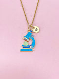 Gold Cute Blue Microscope with Cell Biology Charm Necklace, Bracelet or Keychain Option, Microbiologist Gift, N5647