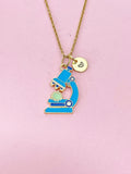 Gold Cute Blue Microscope with Cell Biology Charm Necklace, Bracelet or Keychain Option, Microbiologist Gift, N5647