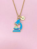 Gold Cute Blue Microscope with Cell Biology Charm Necklace, Bracelet or Keychain Option, Microbiologist Gift, N5647