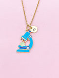 Gold Cute Blue Microscope with Cell Biology Charm Necklace, Bracelet or Keychain Option, Microbiologist Gift, N5647