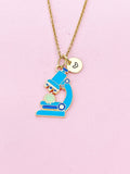 Gold Cute Blue Microscope with Cell Biology Charm Necklace, Bracelet or Keychain Option, Microbiologist Gift, N5647