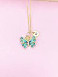 Gold Blue Butterfly Charm Necklace, Bracelet or Keychain Option, N5665