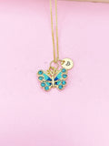 Gold Blue Butterfly Charm Necklace, Bracelet or Keychain Option, N5665