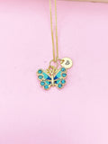 Gold Blue Butterfly Charm Necklace, Bracelet or Keychain Option, N5665