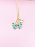 Gold Blue Butterfly Charm Necklace, Bracelet or Keychain Option, N5665