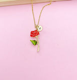 Gold Red Rose Flower Charm Necklace, Bracelet or Keychain Option, N5670