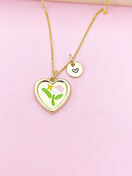 Gold Tulip Flower Heart Charm Necklace, N5676