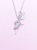 Silver Ballet Dancer Necklace, Opalite, Initial Charm
