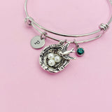 Bird Nest Charm Bangle Bracelet, Initial Charm, Stainless Steel