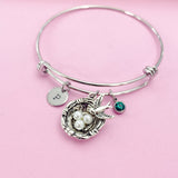 Bird Nest Charm Bangle Bracelet, Initial Charm, Stainless Steel