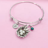 Bird Nest Charm Bangle Bracelet, Initial Charm, Stainless Steel