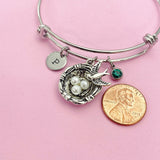 Bird Nest Charm Bangle Bracelet, Initial Charm, Stainless Steel