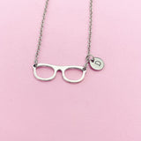 Eyeglasses Charm Necklace, Initial Stainless Steel Chain, Bookworm Gift, N1413F