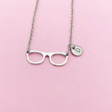 Eyeglasses Charm Necklace, Initial Stainless Steel Chain, Bookworm Gift, N1413F