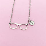 Eyeglasses Charm Necklace, Initial Stainless Steel Chain, Bookworm Gift, N1413F