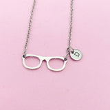 Eyeglasses Charm Necklace, Initial Stainless Steel Chain, Bookworm Gift, N1413F