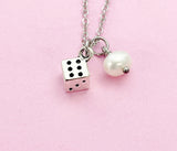 Silver Dice White Pearl Necklace Gift, Dice Charm, Birthstone Christmas Birthday Gift, Bunco Club Gift, Casino Gift, AN1919