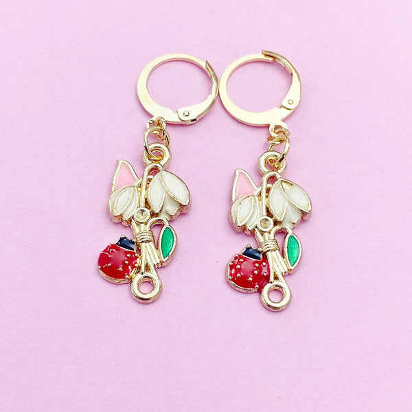 Gold Flower with Red Ladybug Charm Earrings, Pink White Green Flower with Red Ladybug Charm, N2693
