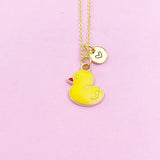 Yellow Duckling Necklace, Initial Charm, Gold Tone Chain