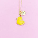 Yellow Duckling Necklace, Initial Charm, Gold Tone Chain