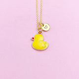 Yellow Duckling Necklace, Initial Charm, Gold Tone Chain