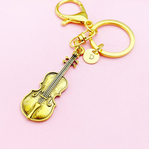 Gold Violin Keychain, Viola Charm, Cello Charm, Music Keychain, Personalized Custom Monogram Initial, N2358