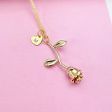 Gold Rose Flower Heart Initial Charm Necklace, N172Y