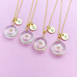 Gold Real Dried Press Flower Necklace, Japanese Girlfriend Gift, N3162