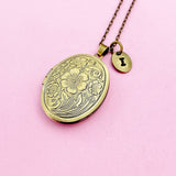 Bronze Flower Locket Pendant Necklace, Long Chain Option, Keepsake Gift, Photo Frame Charm, AN4475