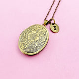 Bronze Flower Locket Pendant Necklace, Long Chain Option, Keepsake Gift, Photo Frame Charm, AN4475