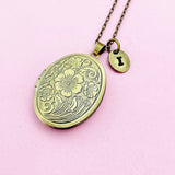 Bronze Flower Locket Pendant Necklace, Long Chain Option, Keepsake Gift, Photo Frame Charm, AN4475