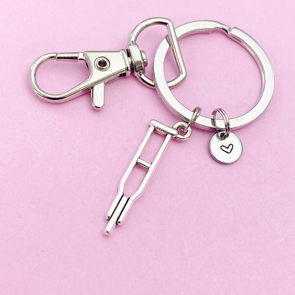 Orthopedic Medical Crutches Charm Keychain in Silver, N1979