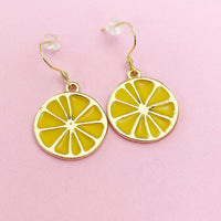Gold Lemon Charm Earrings, Yellow Lemon Slice Earrings, Orange Slice Charm Earrings, Fruit Jewelry, AN3200