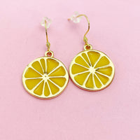Gold Lemon Charm Earrings, Yellow Lemon Slice Earrings, Orange Slice Charm Earrings, Fruit Jewelry, AN3200