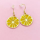 Gold Lemon Slice Charm Dangle Earrings, Fruit Jewelry
