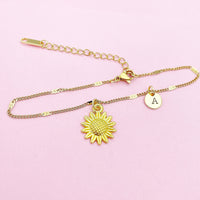 Gold Sunflower Charm Bracelet Wedding Bridesmaid Mother's Day Gifts Ideas Personalized Customized Made to Order, N3126