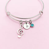 Treble Clef Bracelet, Silver Music Note Charm, Personalized Initial Bangle