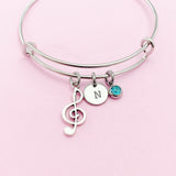 Treble Clef Bracelet, Silver Music Note Charm, Personalized Initial Bangle