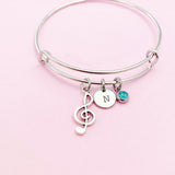 Treble Clef Bracelet, Silver Music Note Charm, Personalized Initial Bangle