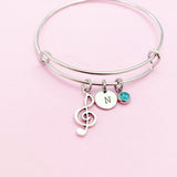 Treble Clef Bracelet, Silver Music Note Charm, Personalized Initial Bangle